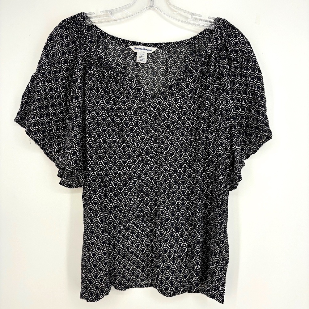 Tommy Bahama Womens Small Pullover Blouse Black White Geometric Short Sleeves